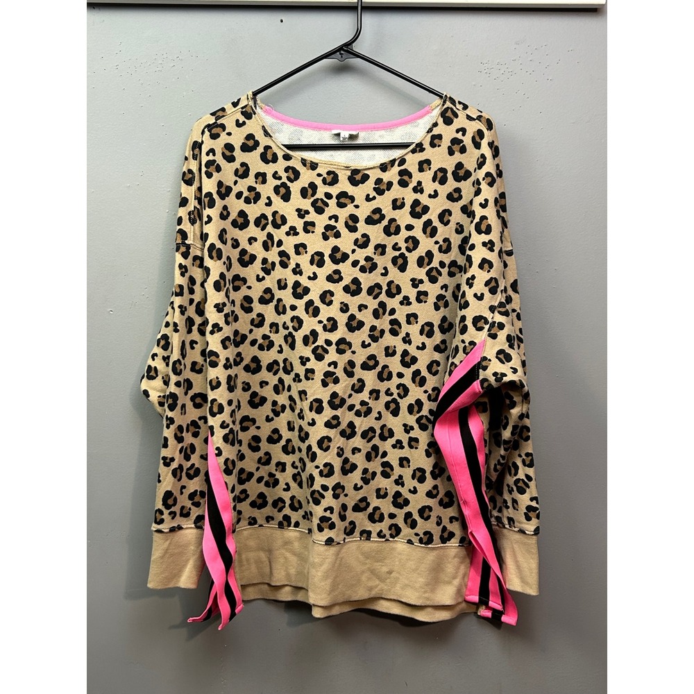 Cabana by Crown & Ivy Sweatshirt Womens L Tan Leopard Neon Pink Stripe Oversized